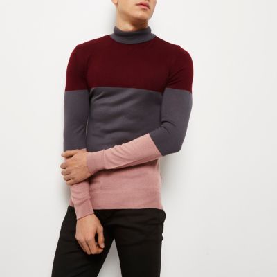 Charcoal grey colour block roll neck jumper